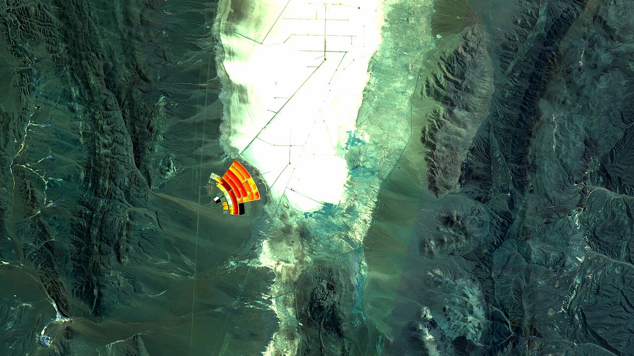 Satellite view of lithium brine evaporation ponds at Salar de Olaroz, Jujuy, Argentina