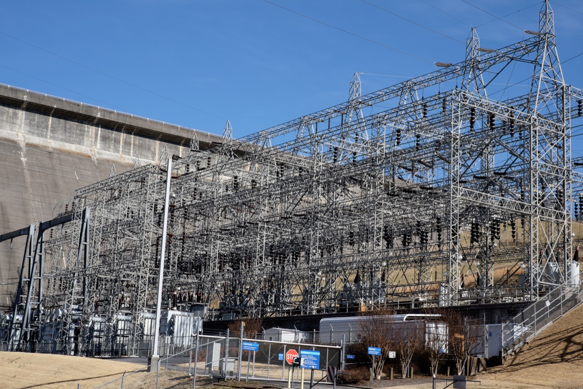 Electrical substation at Norris Dam, Tennessee. High-voltage transmission infrastructure.