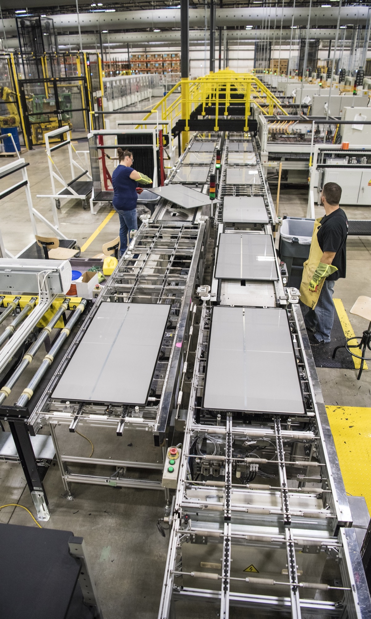 Solar panel submodule assembly line at First Solar's manufacturing facility in Perrysburg, Ohio